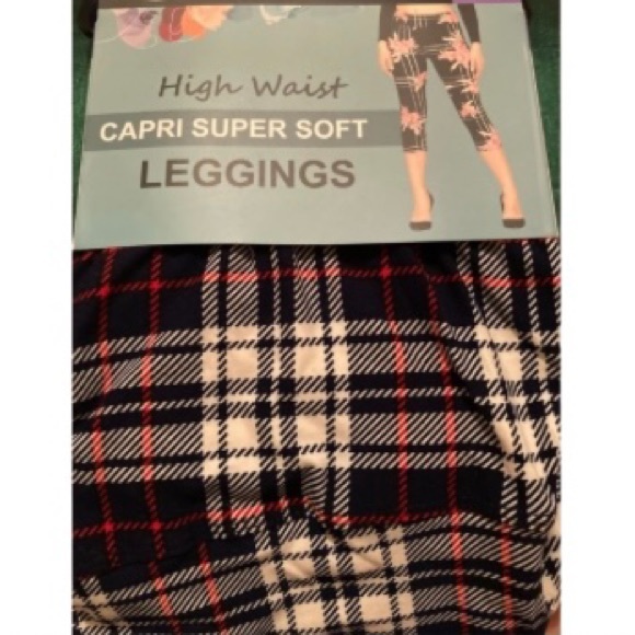 NIP Lildy High Waist Red+White & Blue Super Soft Plaid Capri Leggings Size L-2XL - Picture 4 of 11